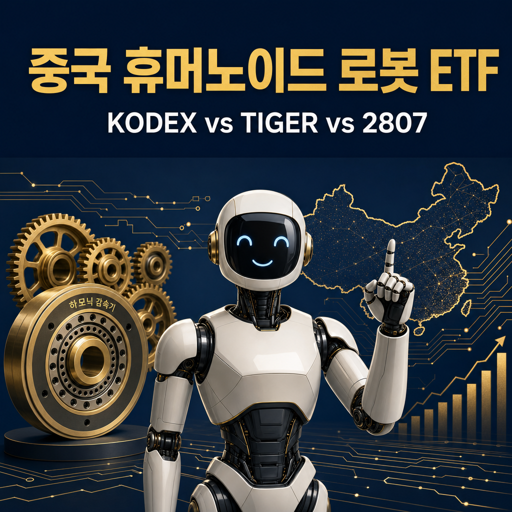 네이비·골드 톤의 휴머노이드 로봇과 감속기·회로망 일러스트 — 중국 휴머노이드 로봇 ETF(KODEX·TIGER·Global X 2807) 비교 보고서 대표 이미지
