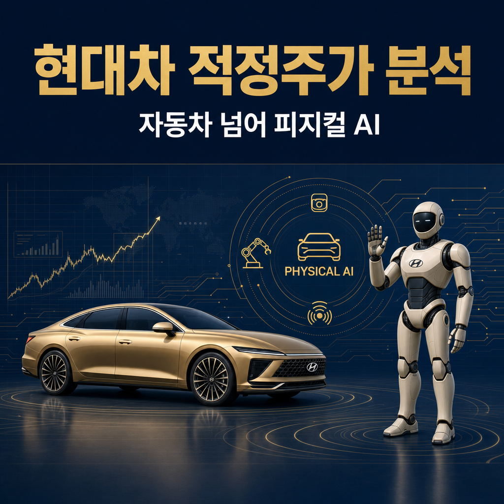 현대자동차(005380)의 자동차와 보스턴다이내믹스 휴머노이드 로봇·피지컬 AI 네트워크를 형상화한 네이비·골드 톤의 심층 분석 리포트 대표 이미지 — 1년 +117% 급등·관세 직격·선행 PER 4배→14배 재평가를 분석한 30년차 적정주가 리포트.