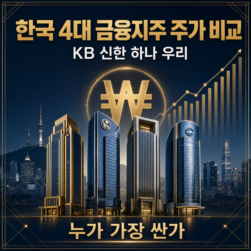 KB금융·신한지주·하나금융·우리금융 4대 금융지주를 PBR·ROE·배당·목표주가로 비교한 네이비·골드 톤 리서치 보고서 대표 이미지