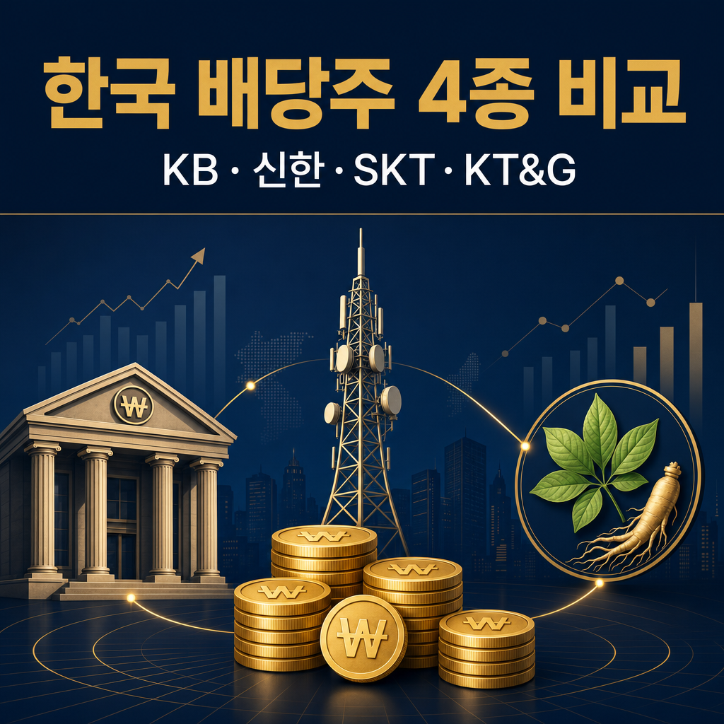 KB금융·신한지주·SK텔레콤·KT&G 한국 대표 배당주를 배당수익률·주주환원·밸류에이션으로 비교한 네이비·골드 톤 리서치 보고서 대표 이미지