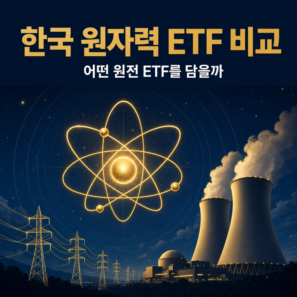 네이비·골드 톤의 원자 기호와 원전 냉각탑·송전탑 일러스트 — 한국 원자력 ETF(TIGER·HANARO·ACE·KODEX·SOL) 비교 보고서 대표 이미지