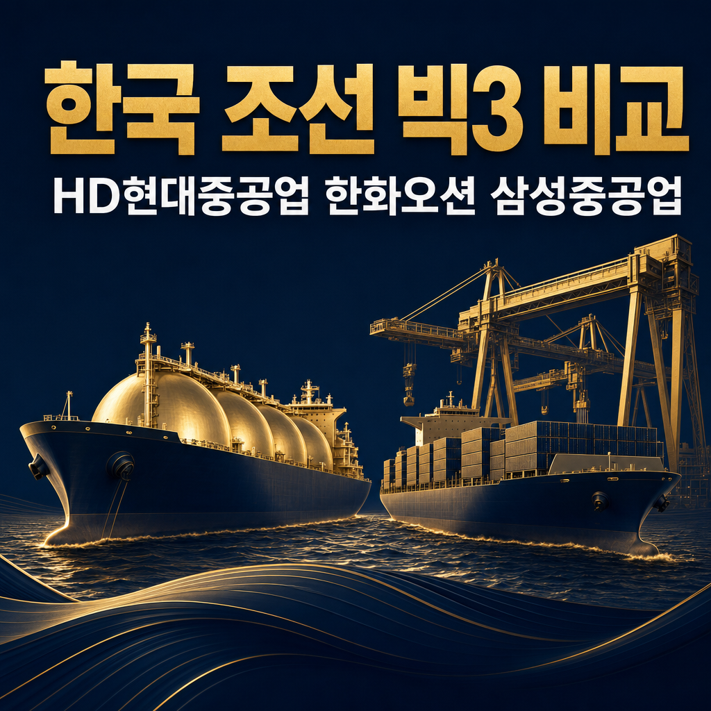 네이비·골드 톤으로 표현한 한국 조선소 — LNG 운반선의 구형(Moss) 탱크와 골리앗 크레인, 일출. HD현대중공업·한화오션·삼성중공업 조선 빅3 비교분석 리포트의 대표 이미지.