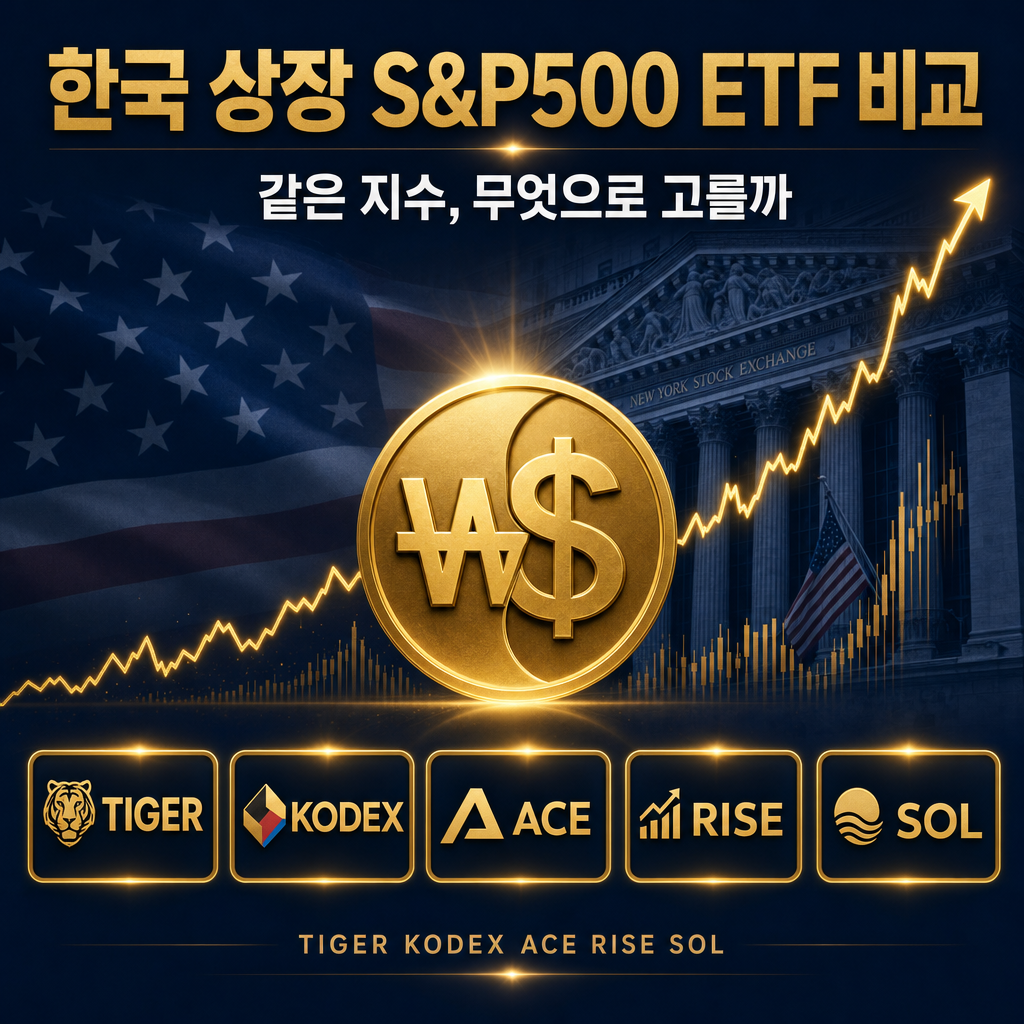 네이비·골드 톤의 원화·달러 합본 금화와 상승 차트, 뉴욕증권거래소 일러스트 — 한국 상장 S&P500 ETF(TIGER·KODEX·ACE·RISE·SOL) 비교 보고서 대표 이미지
