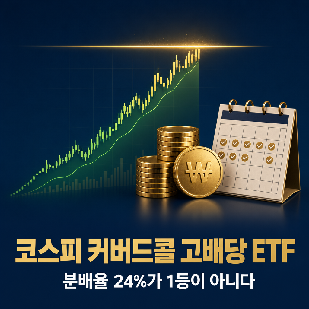 네이비·골드 톤의 원화 동전과 매월 배당 달력, 상방이 잘린 상승 차트 일러스트 — 코스피 커버드콜 고배당 ETF(KODEX 200타겟위클리·RISE·TIGER·PLUS) 비교 보고서 대표 이미지