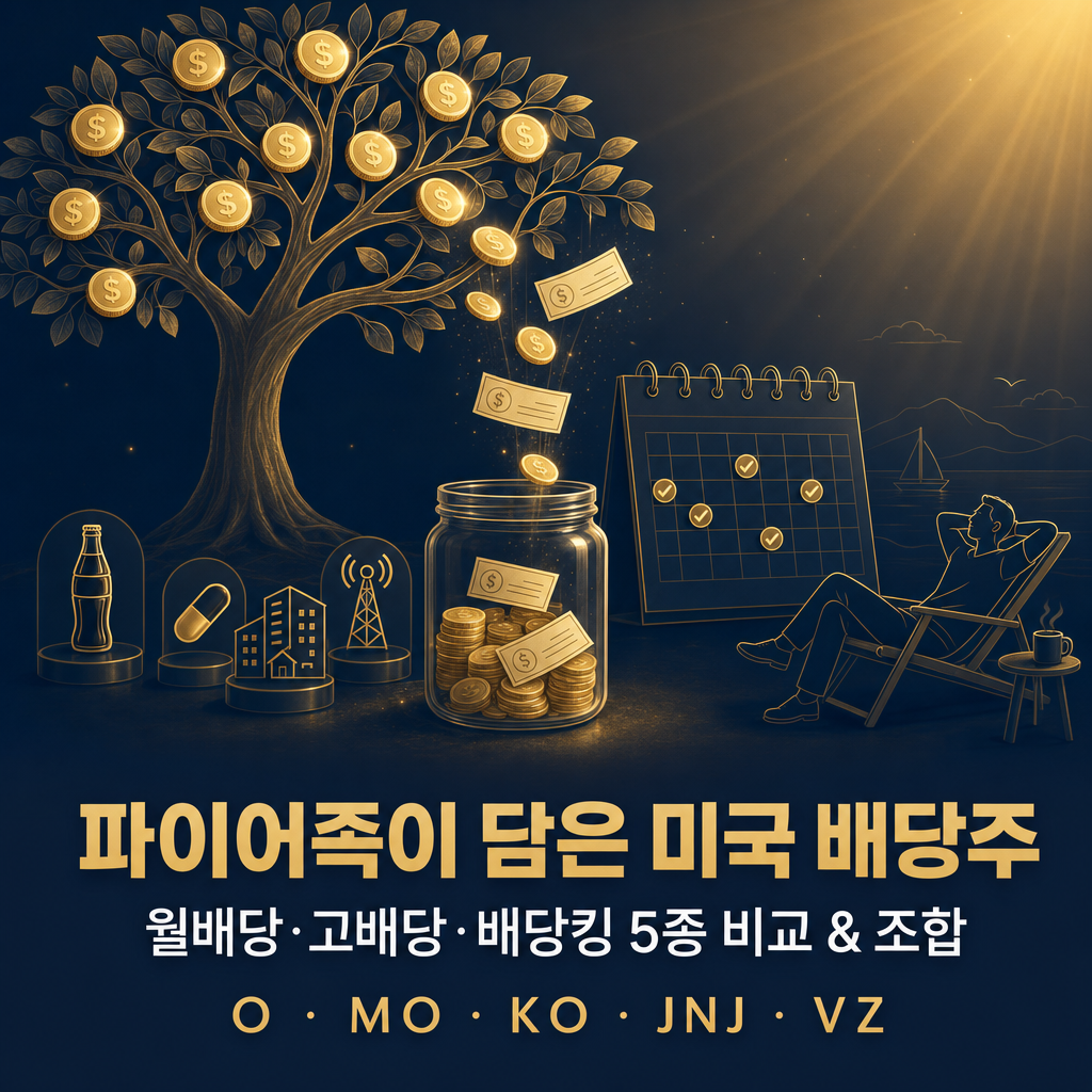 리얼티인컴(O)·알트리아(MO)·코카콜라(KO)·존슨앤드존슨(JNJ)·버라이즌(VZ)과 배당 ETF SCHD를 배당수익률·총수익·리스크로 비교한 네이비·골드 톤의 파이어족 미국 배당주 분석 보고서 대표 이미지.