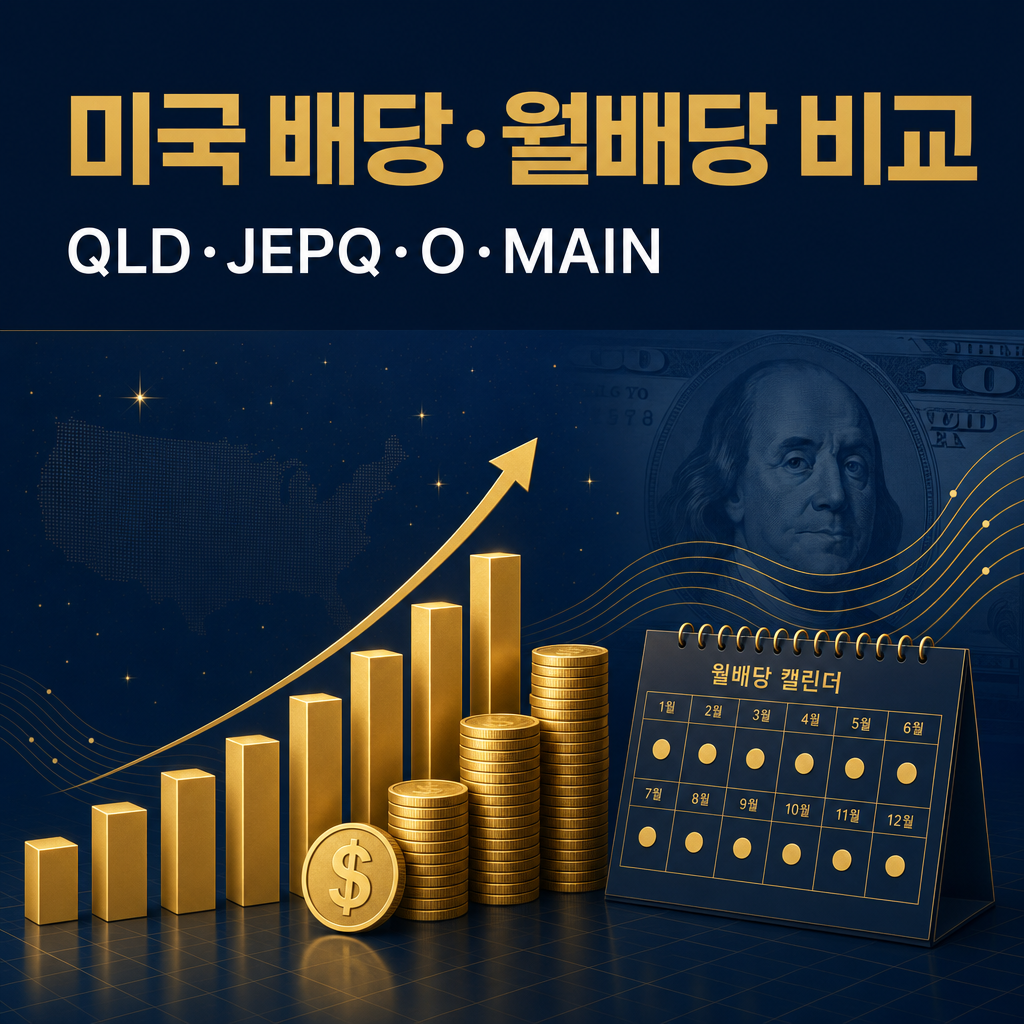 QLD·JEPQ·리얼티인컴(O)·메인스트리트(MAIN)·SCHD 미국 배당·월배당·인컴 상품을 분배수익률과 총수익, 리스크로 비교한 네이비·골드 톤의 인컴 투자 분석 보고서 대표 이미지.