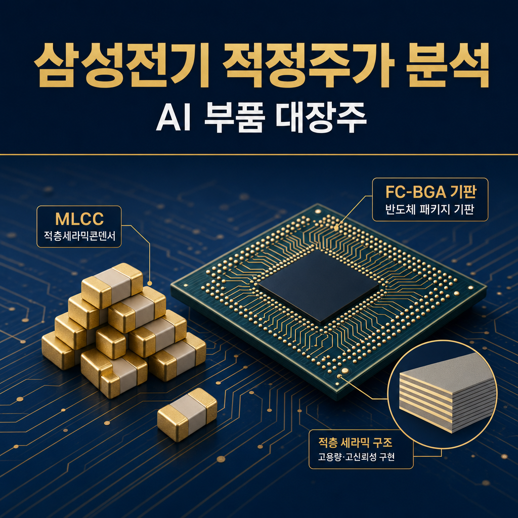 삼성전기(009150)의 MLCC 적층 칩과 FC-BGA 반도체 패키지 기판·AI 부품 회로를 형상화한 네이비·골드 톤의 심층 분석 리포트 대표 이미지 — 분기 매출 첫 3조 돌파·시총 128조·선행 PER 약 104배를 분석한 30년차 적정주가 리포트.