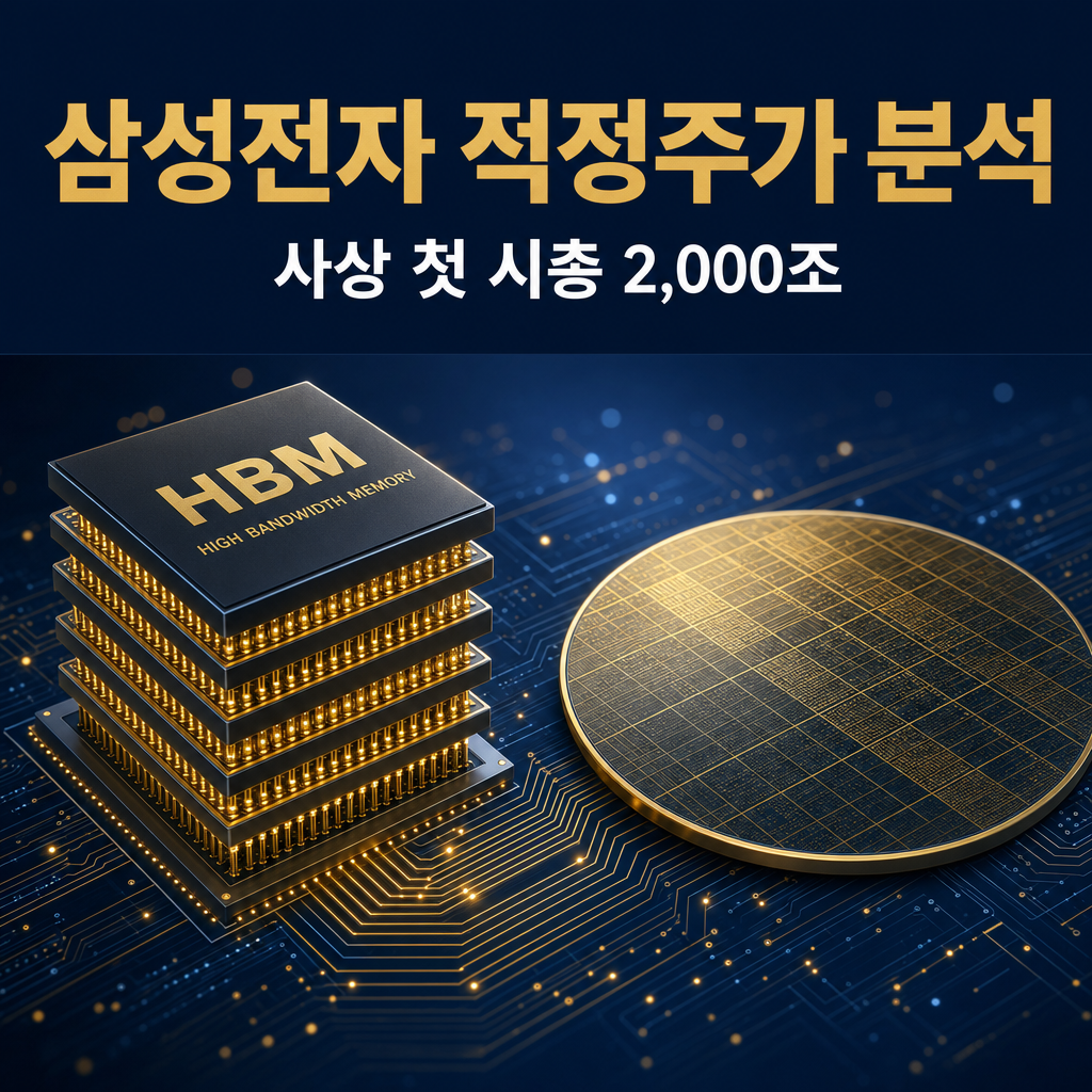 삼성전자(005930)의 AI 메모리(HBM) 적층 칩과 실리콘 웨이퍼·반도체 회로를 형상화한 네이비·골드 톤의 심층 분석 리포트 대표 이미지 — Q1 영업이익 57.2조·반도체 94%·시총 2,000조 돌파를 분석한 30년차 적정주가 리포트.