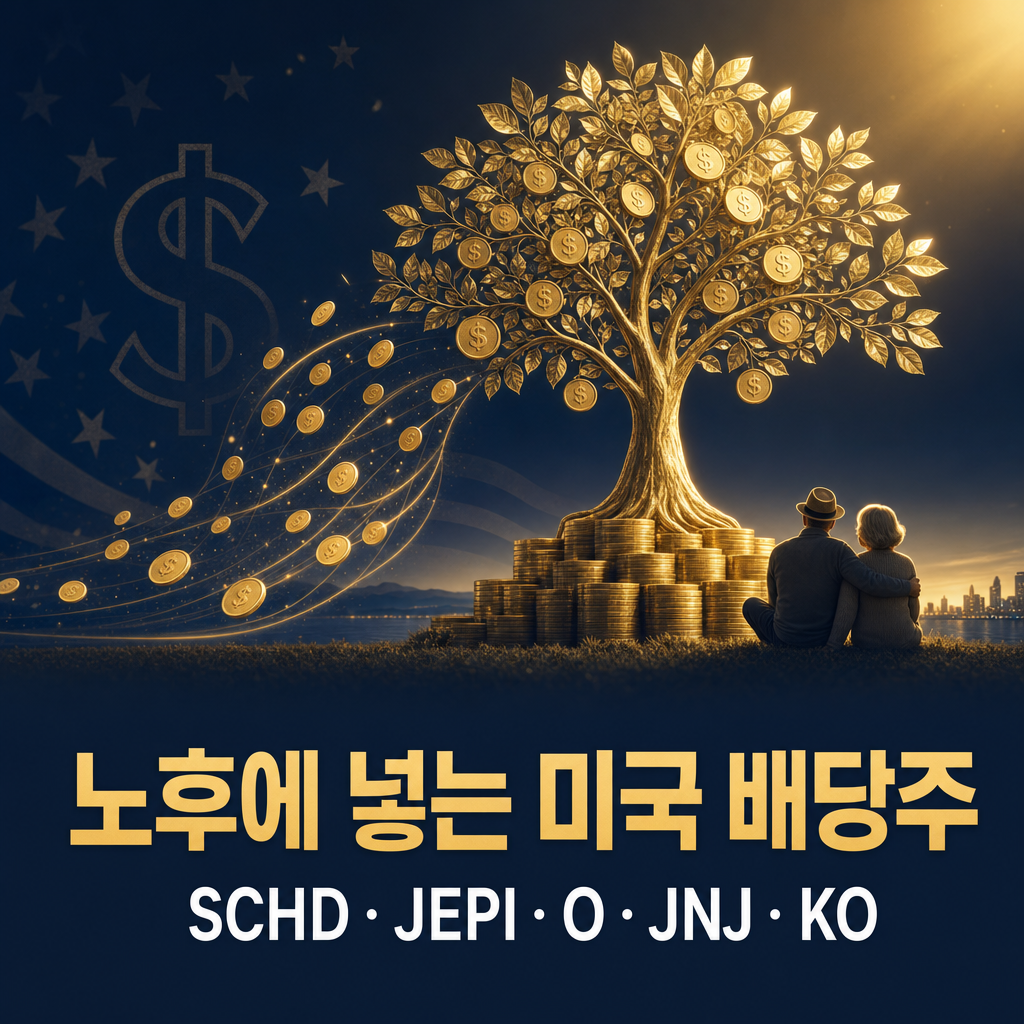 노후에 넣는 미국 배당주 SCHD·JEPI·리얼티인컴(O)·존슨앤존슨(JNJ)·코카콜라(KO)를 배당수익률과 안정성으로 비교하고 포트폴리오 조합을 제시한 네이비·골드 톤의 은퇴 배당 투자 분석 보고서 대표 이미지.